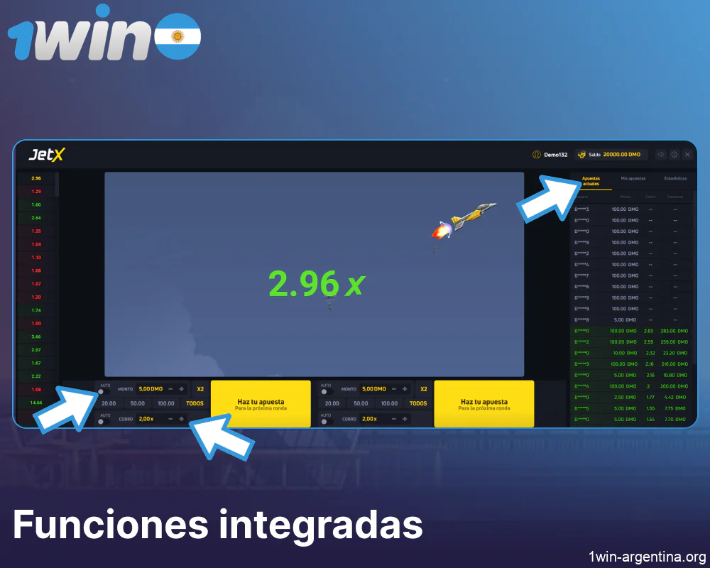 Funciones integradas del juego JetX en 1win Argentina
